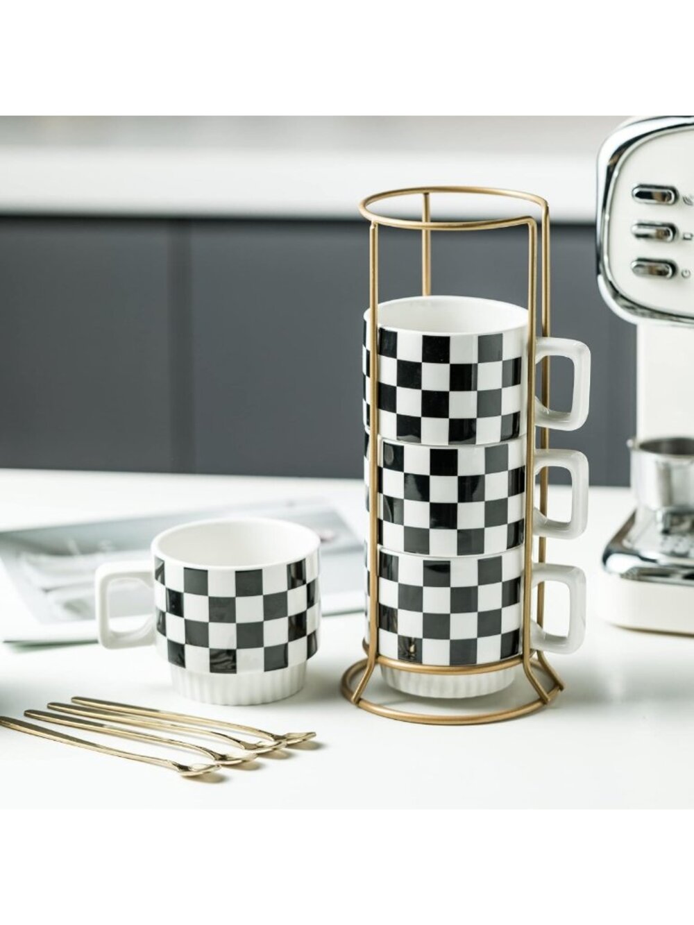4-Piece Stackable Coffee Mug Set with Rack & Spoons - Space-Saving Design - Picture 4 of 9